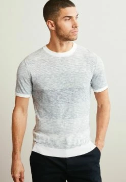 Next Herren KNITTED - T-Shirt Print - Blue Ecru White Ombre Stripe