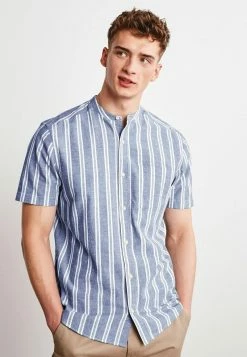 Next Herren SHORT SLEEVE STRIPE - Hemd - Navy Blue Grandad Collar