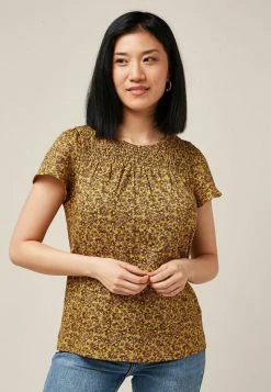 Next Damen SMOCK NECK SHORT SLEEVE - T-Shirt Print - Ochre Yellow Ditsy Floral