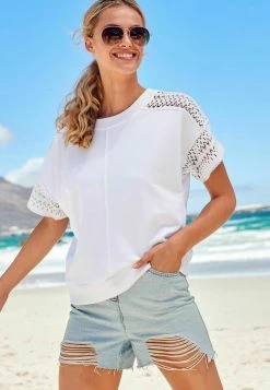 Next Damen SHORT SLEEVE CROCHET - T-Shirt Print - White