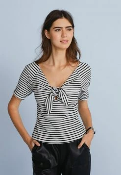 Next Damen TIE KEYHOLE SHORT SLEEVE - T-Shirt Print - Black White Stripe