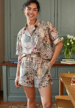 Next Damen BUTTON THROUGH - Nachtwäsche Set - Pink Green Patchwork