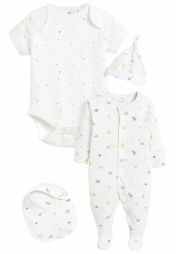 Next Unisex SLEEPSUIT, SHORT SLEEVE BODYSUIT, BIB AND HAT SET - Geschenk Zur Geburt - White