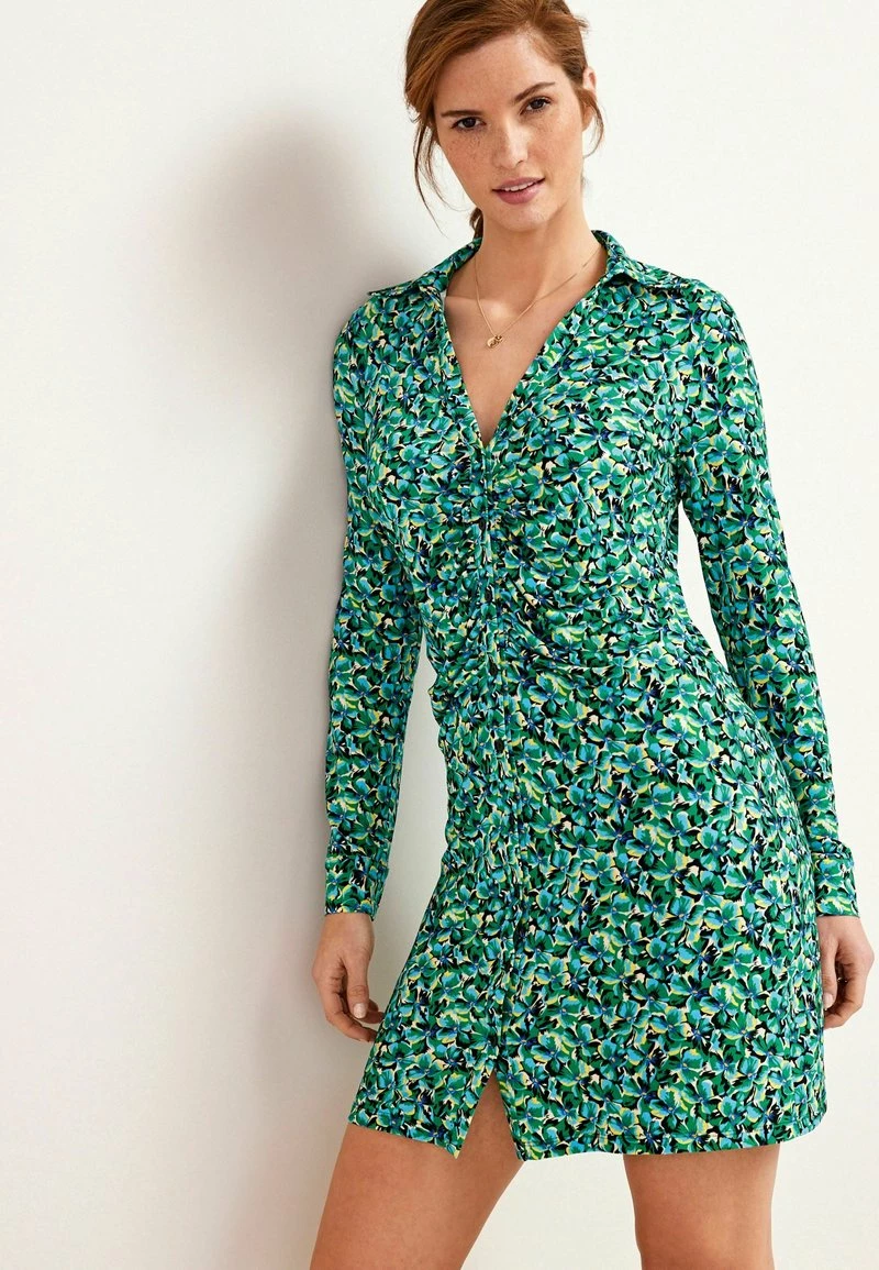 Next Damen LONG SLEEVE RUCHED - Blusenkleid - Green Floral Print