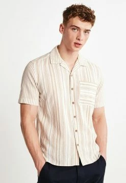 Next Herren SHORT SLEEVE STRIPE - Hemd - Neutral Linen Blend