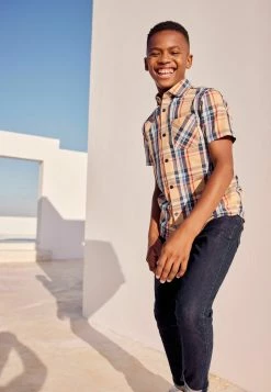 Next Kinder SHORT SLEEVE CHECK - Hemd - Tan Brown Navy Blue Spliced