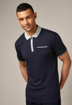 Next Herren Poloshirt - Navy Blue Zip Neck